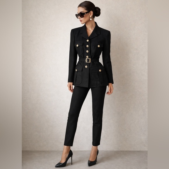 CHANEL Vintage Military Belted Jacket Gold Button Blazer FR 42 Exceptional! - Picture 2 of 6